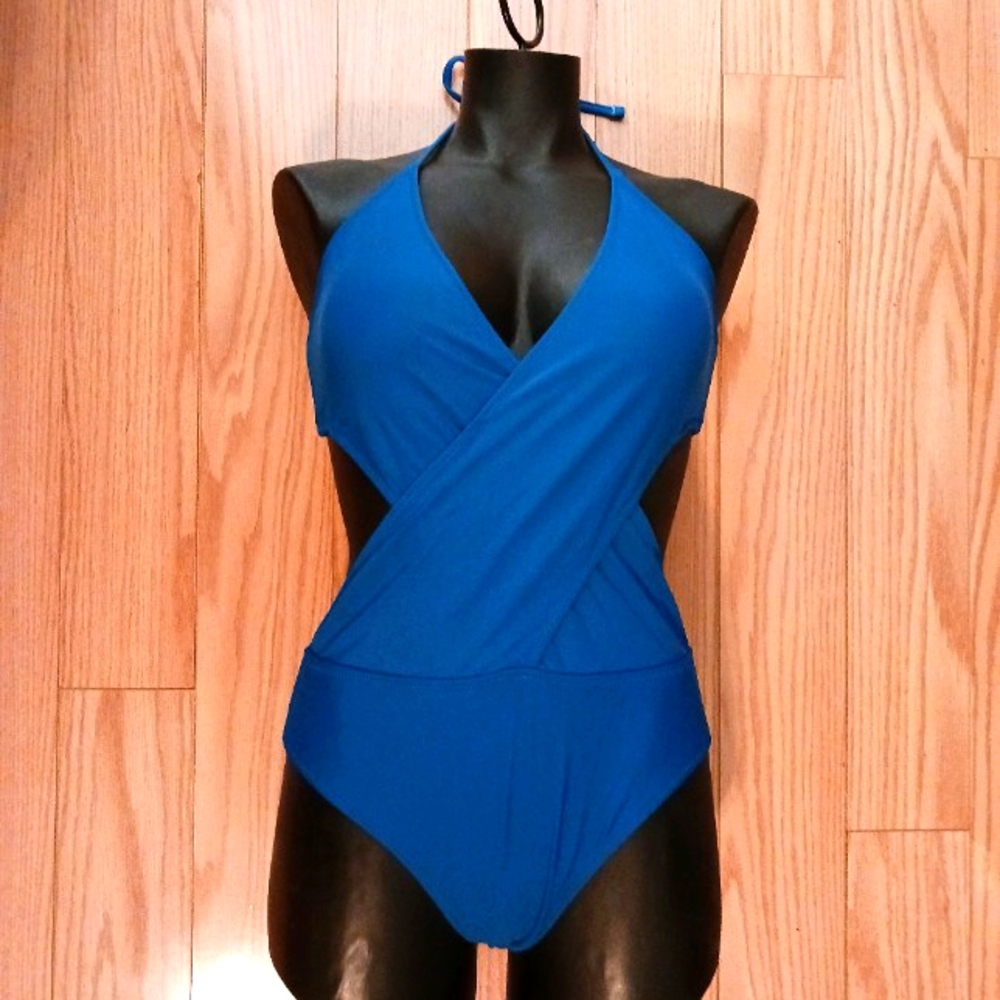 Womens royal Blue One piece swimsuit criss-cross with cut outs medium